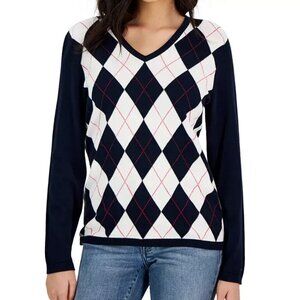 Tommy Hilfiger Argyle V-Neck Sweater in Black and Cream - Size M